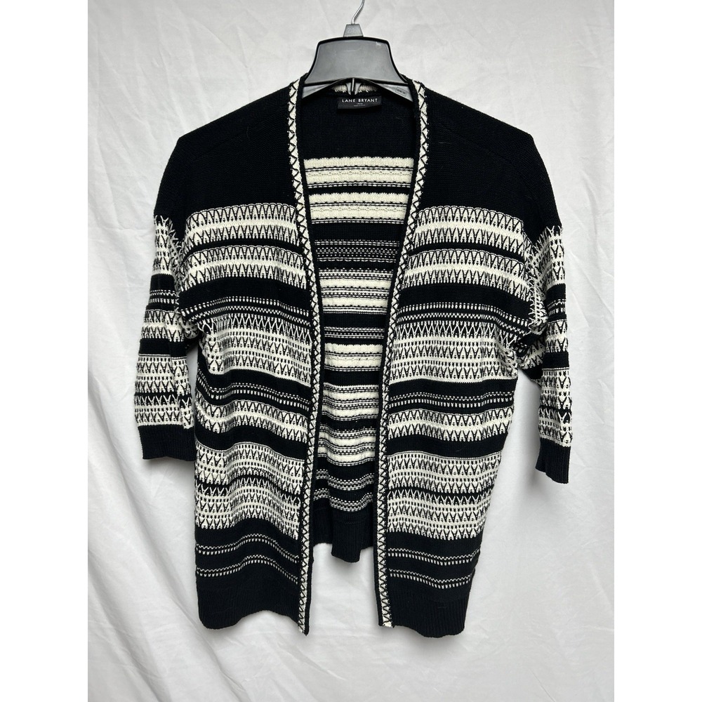 Lane Bryant Open Front Cardigan Aztec Print Black & White 3/4 Sleeve, Sz-14/16